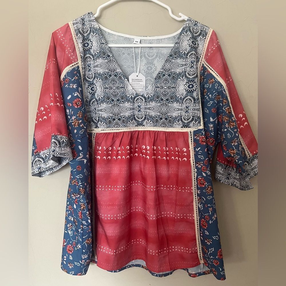 Boho top with crocheting in the seams NWT